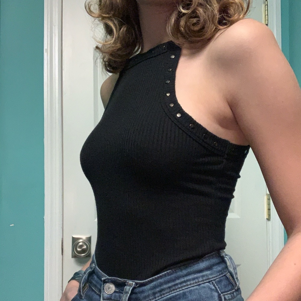 Black Fitted Ribbed Tank Top with Studs